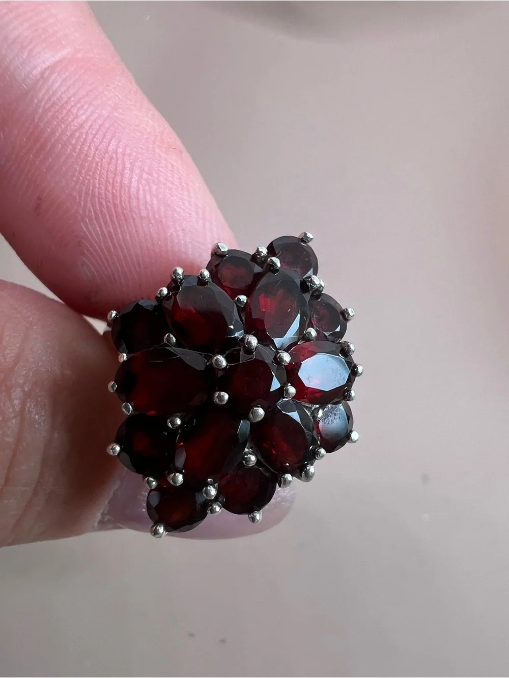 Sterling Silver Garnet Cluster Ring - Deep Red